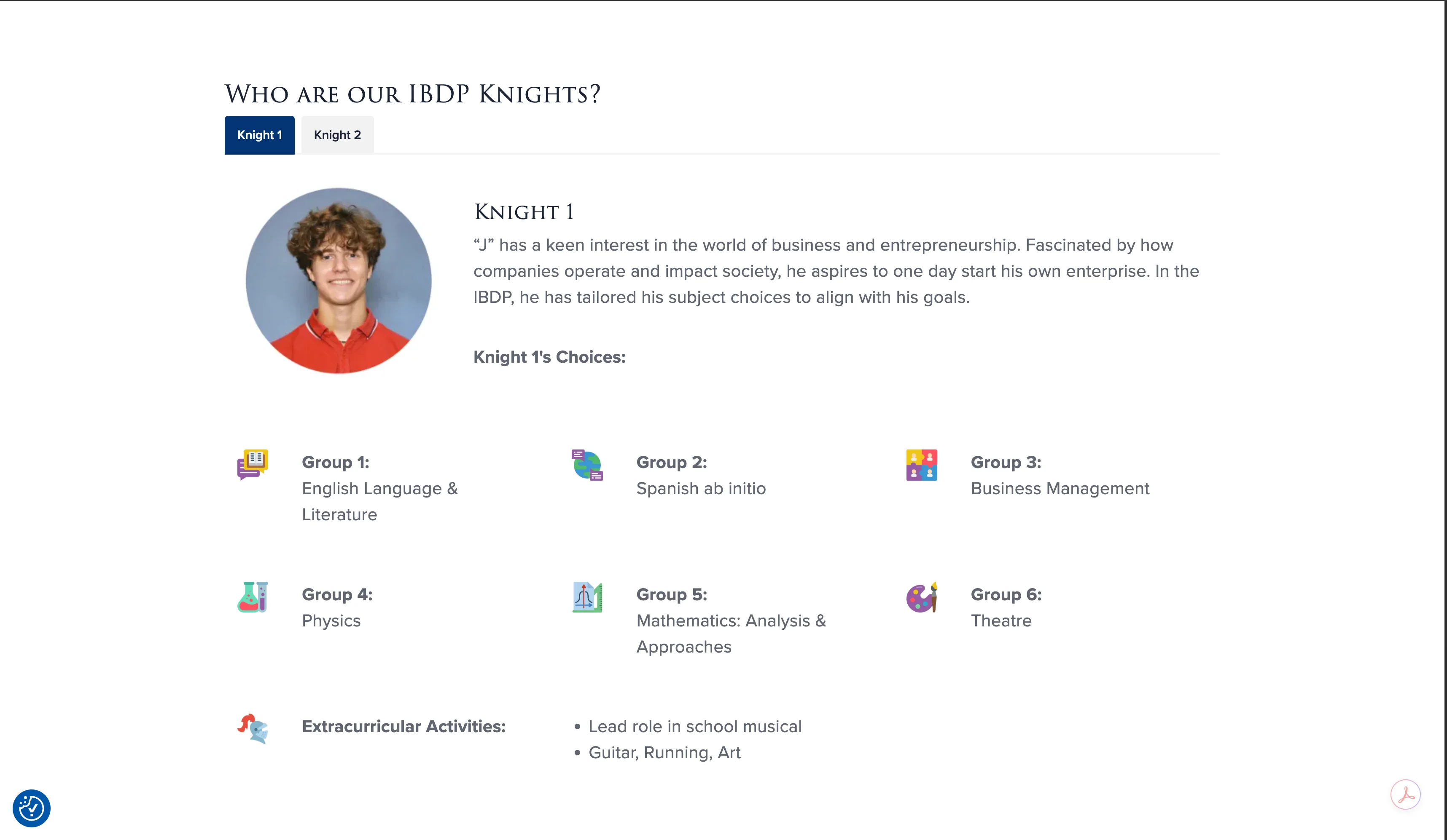 Student profile spread from the TASIS Portugal IB Diploma Programme viewbook, with a tabbed switcher between two student profiles, subject choices across the six IB groups, and extracurricular activities.