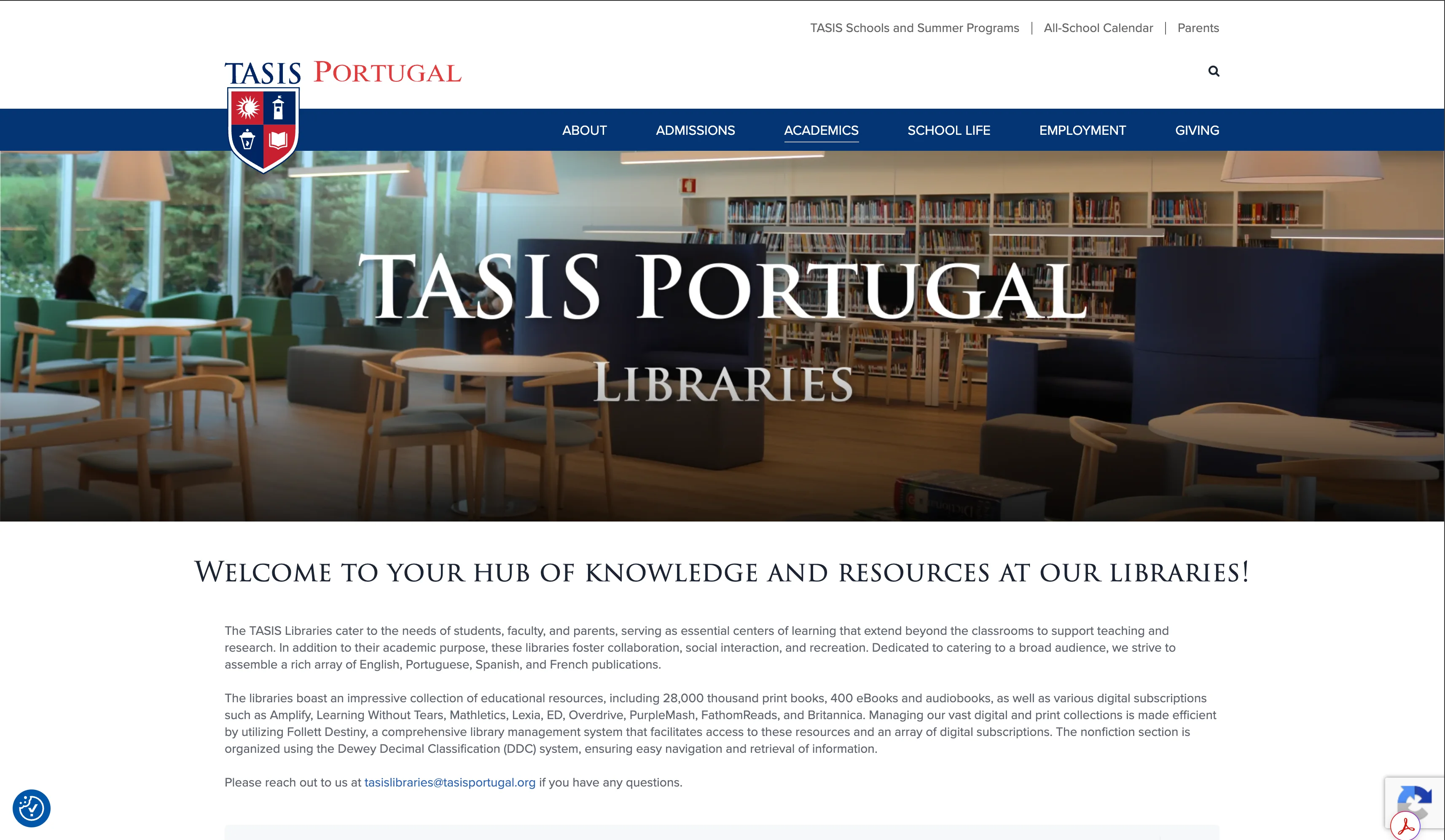 Top of the TASIS Portugal Libraries page: a hero photograph of the library, a short welcome, and the collections and catalogue system described up front.