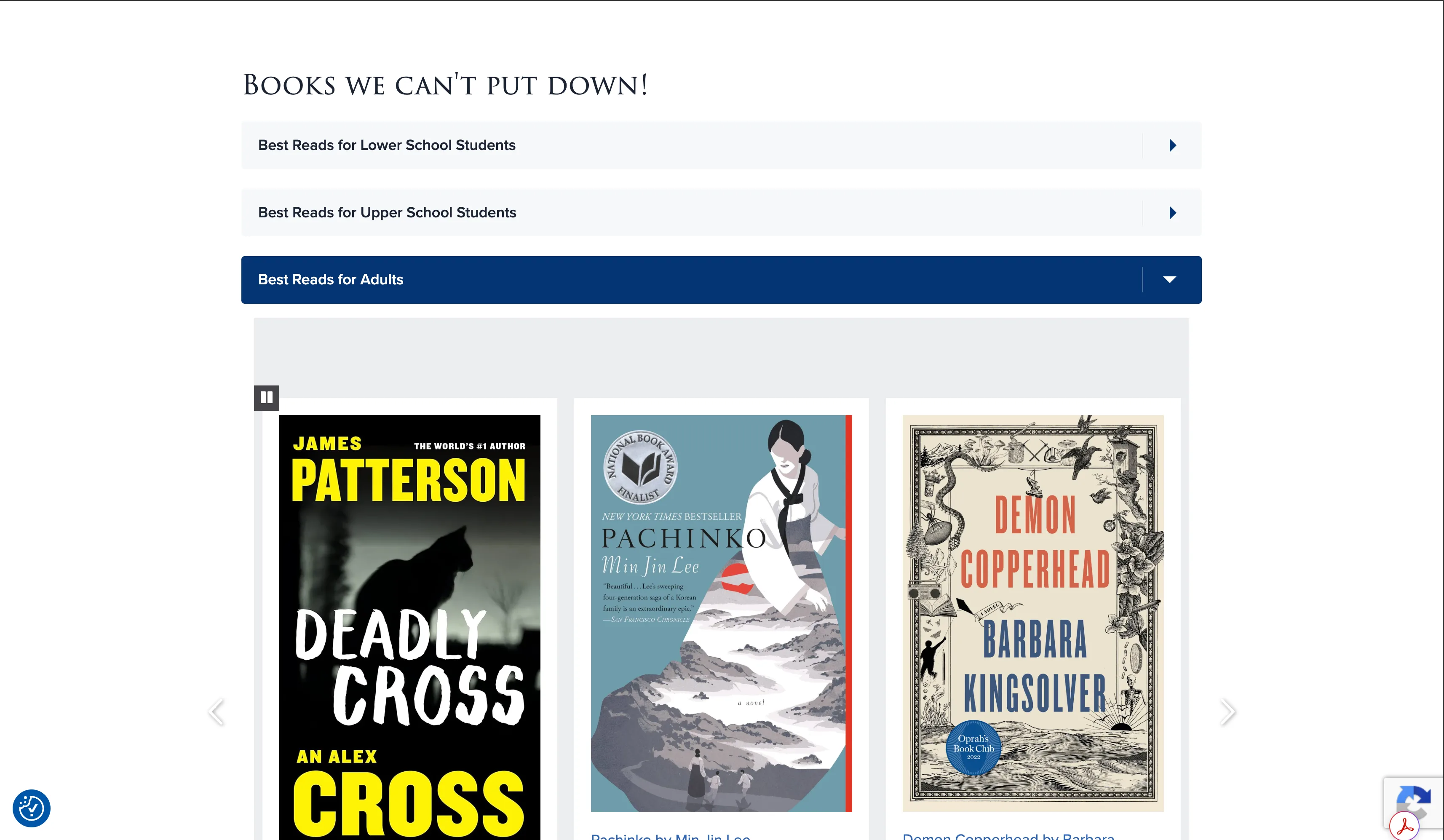 Reading recommendations on the TASIS Portugal Libraries page: audience-specific accordions for Lower School, Upper School, and adults, opening into carousels of book covers.