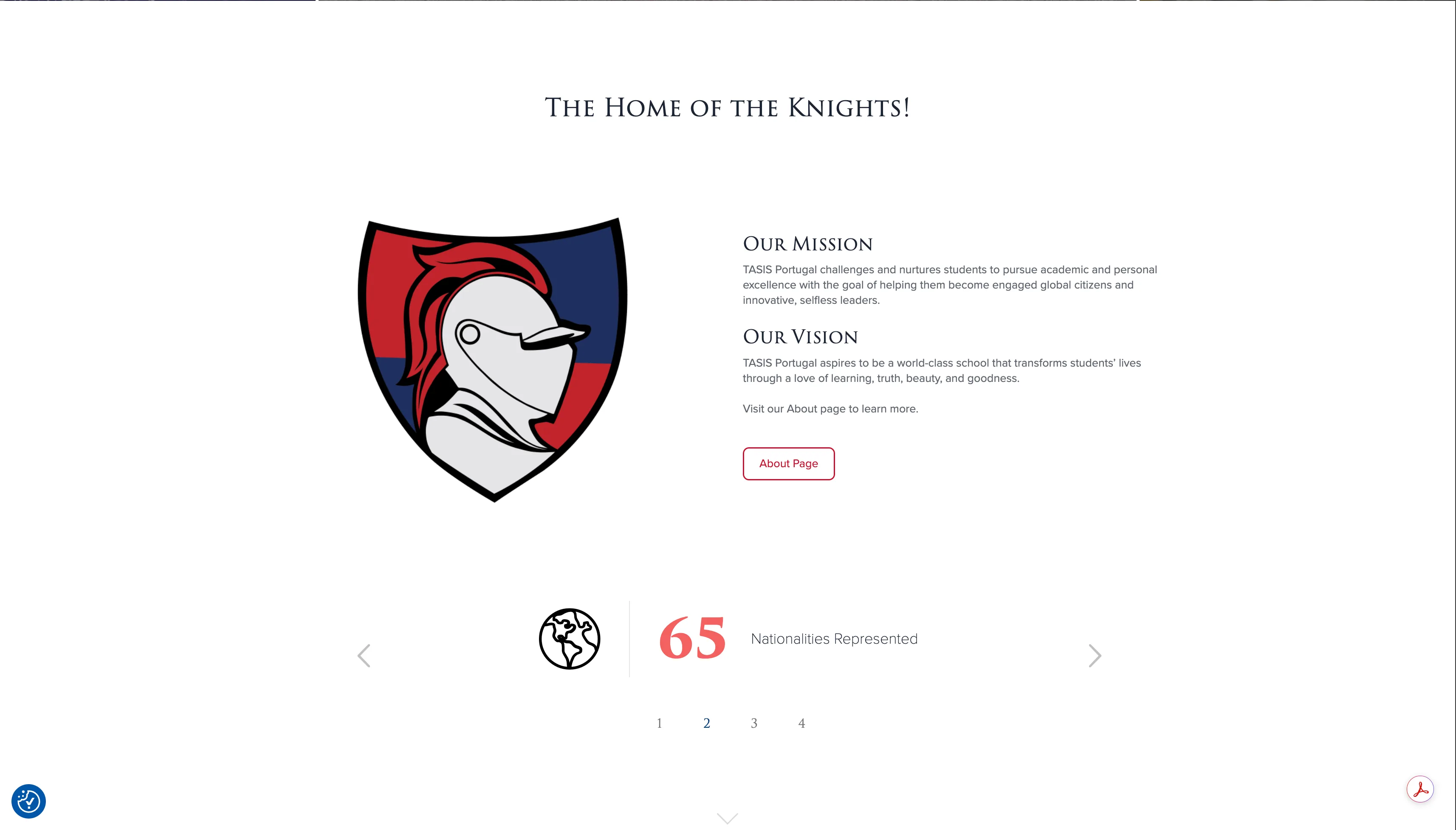 Mission and vision section of the redesigned TASIS Portugal homepage, with the school crest beside short mission and vision statements and a rotating band of school statistics below.