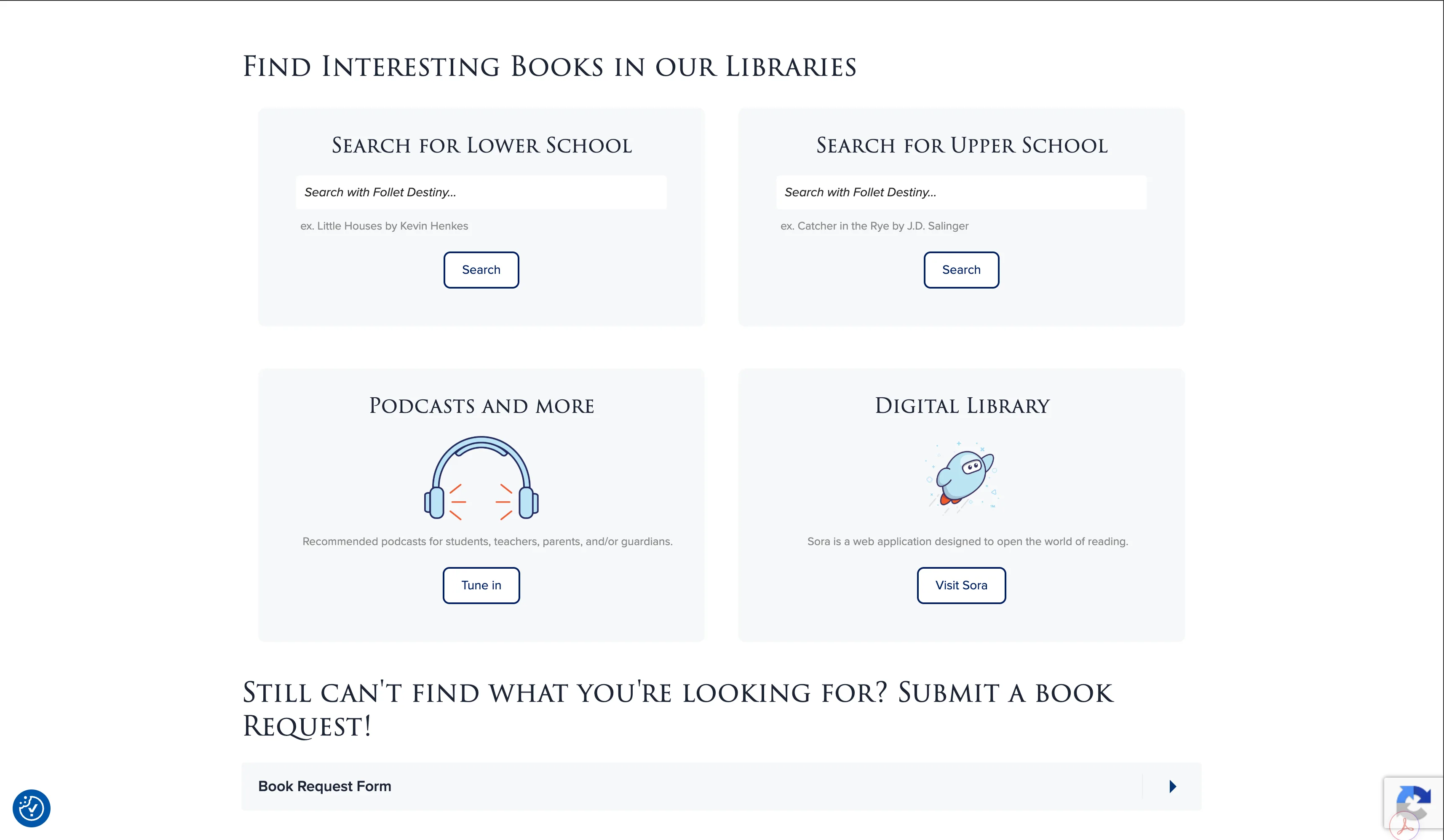 Resource section of the TASIS Portugal Libraries page: catalogue search for Lower and Upper School, podcast recommendations, the Sora digital library, and a book request form.