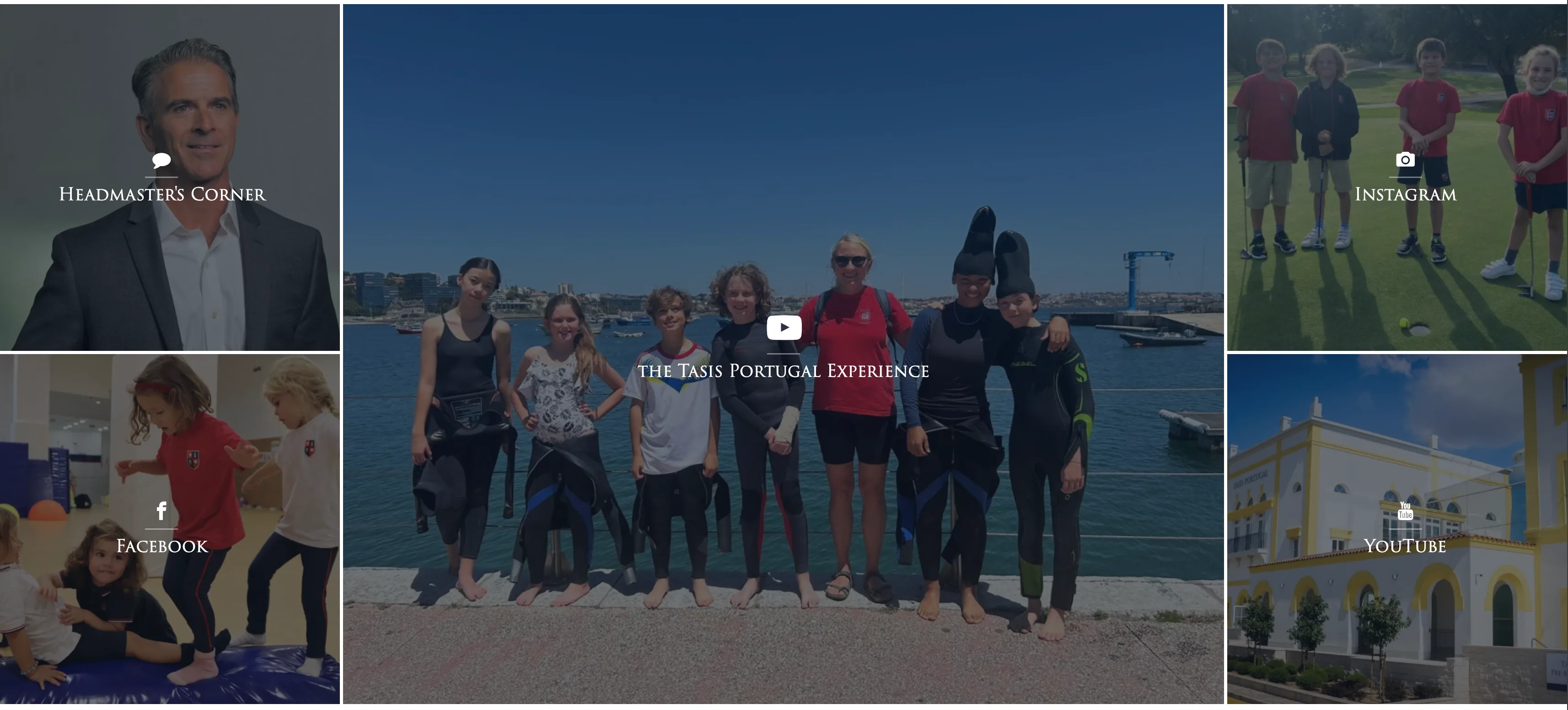 Media grid section of the redesigned TASIS Portugal homepage: a central school-experience video surrounded by Headmaster’s Corner, Facebook, Instagram, and YouTube tiles.