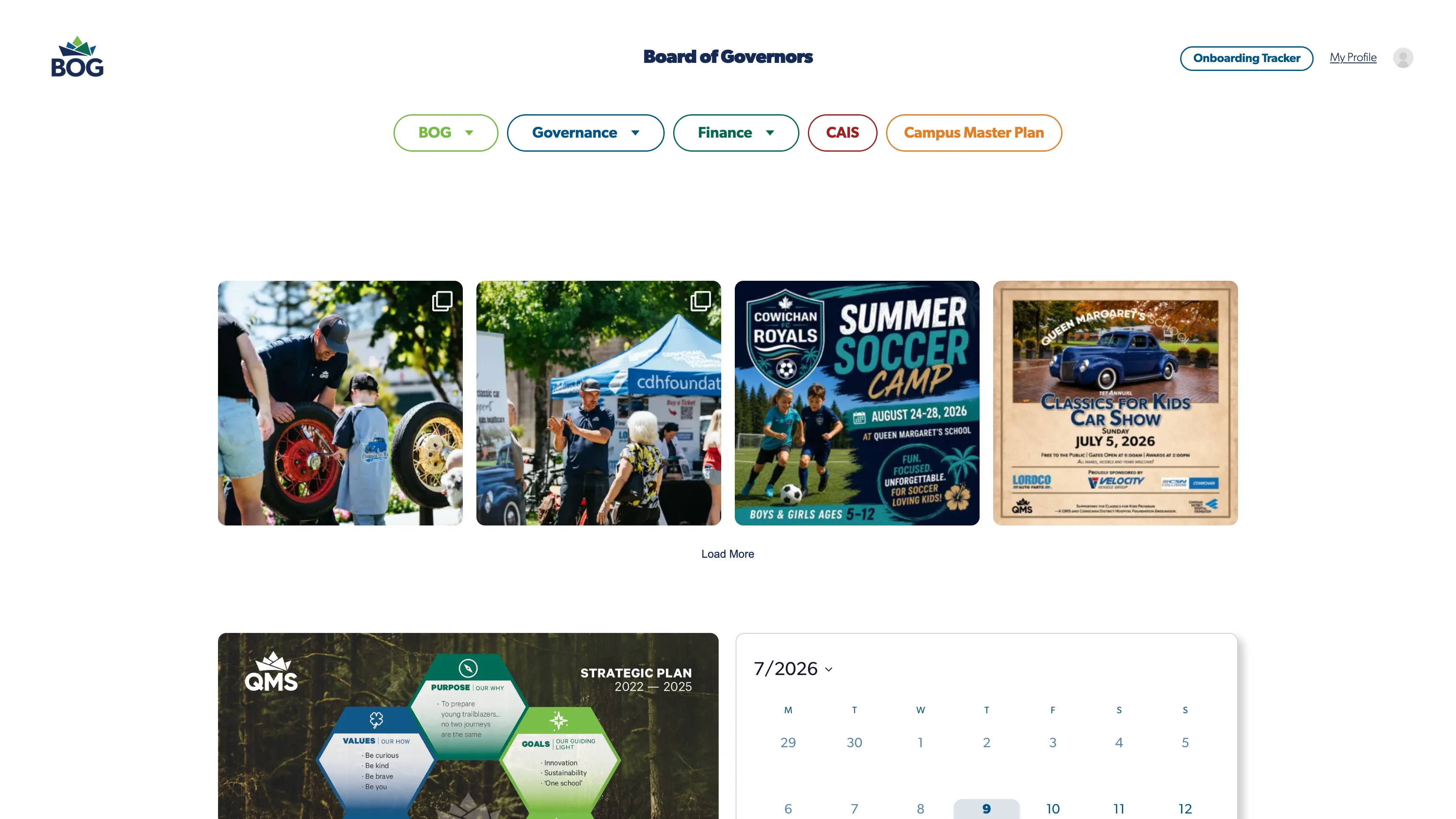 Queen Margaret’s School Board of Governors portal dashboard, with role-aware tiles for Board, Finance Committee, Governance Committee, and Calendar.