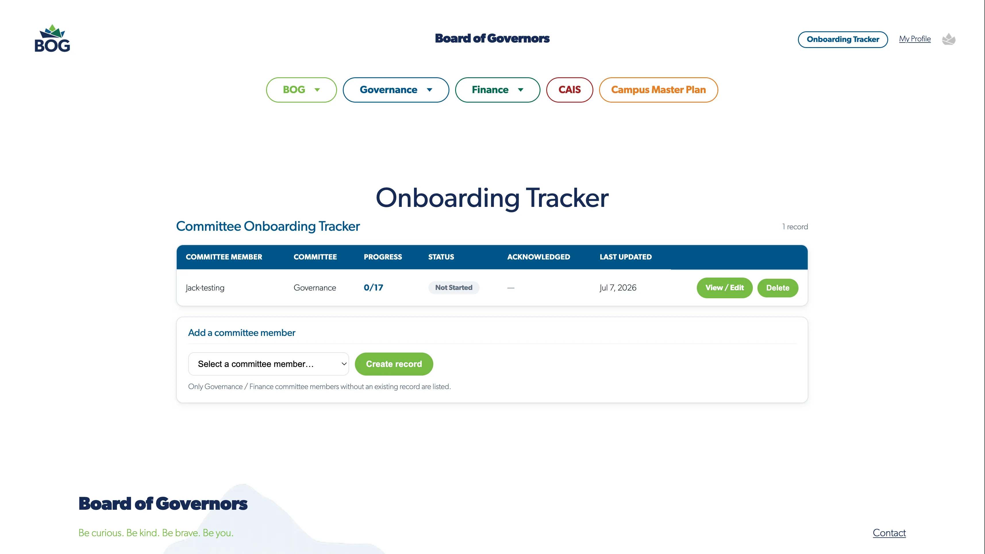 The Onboarding Tracker inside the portal: a committee onboarding table with progress, status, acknowledgement, and last-updated columns, plus an admin panel for adding a committee member. Shown with a test record only.